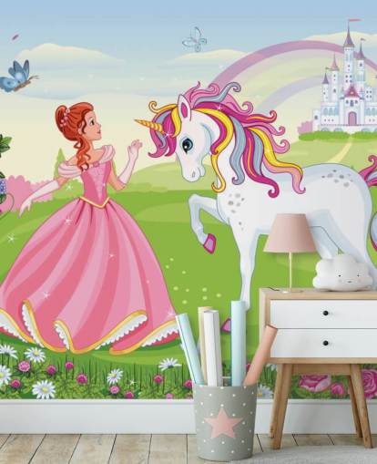 sprookjesachtige achtergrond met kasteel- en regenboogbehang sprookjesachtige achtergrond met kasteel- en regenboogbehang