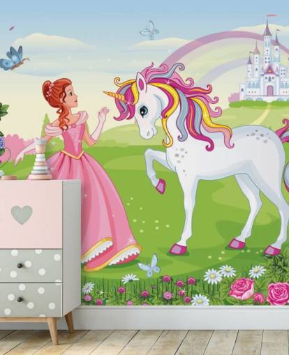 fairy tale background with castle and rainbow wallpaper