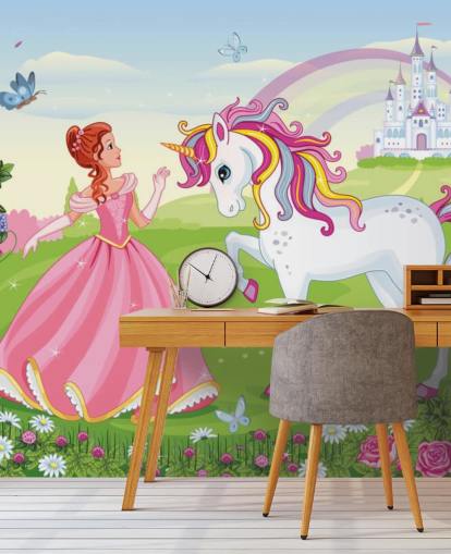 fairy tale background with castle and rainbow wallpaper