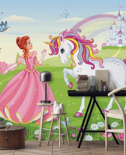 fondo de cuento de hadas con papel pintado de castillo y arcoíris