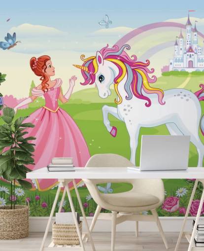 fairy tale background with castle and rainbow wallpaper