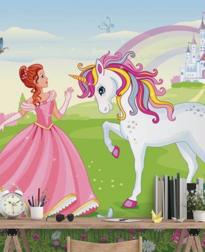 fairy tale background with castle and rainbow wallpaper