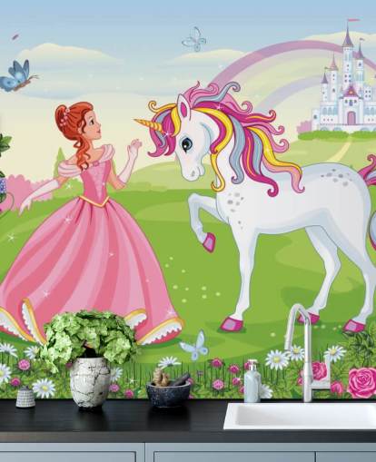 fairy tale background with castle and rainbow wallpaper