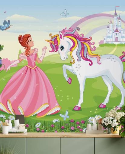 fondo de cuento de hadas con papel pintado de castillo y arcoíris