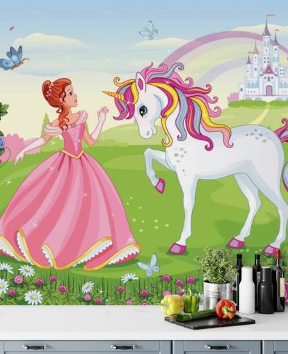fairy tale background with castle and rainbow wallpaper