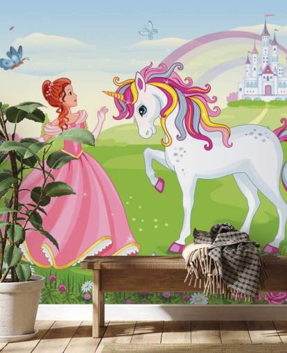 sprookjesachtige achtergrond met kasteel- en regenboogbehang sprookjesachtige achtergrond met kasteel- en regenboogbehang