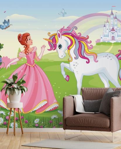 fondo de cuento de hadas con papel pintado de castillo y arcoíris