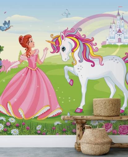 fondo de cuento de hadas con papel pintado de castillo y arcoíris