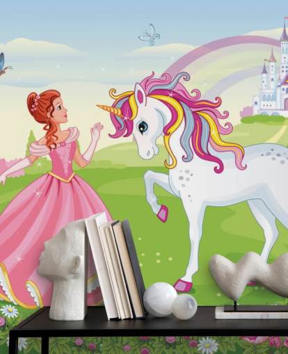 fairy tale background with castle and rainbow wallpaper