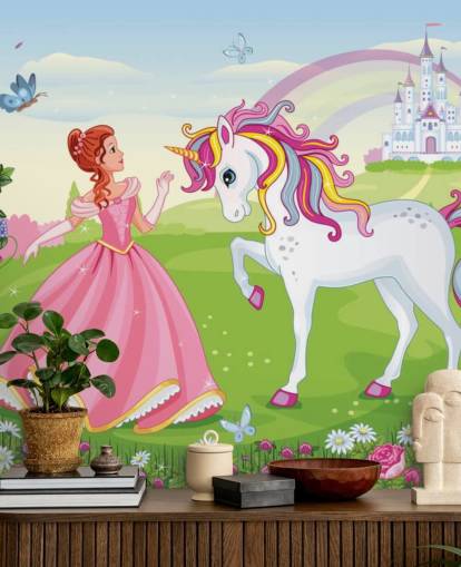 fondo de cuento de hadas con papel pintado de castillo y arcoíris