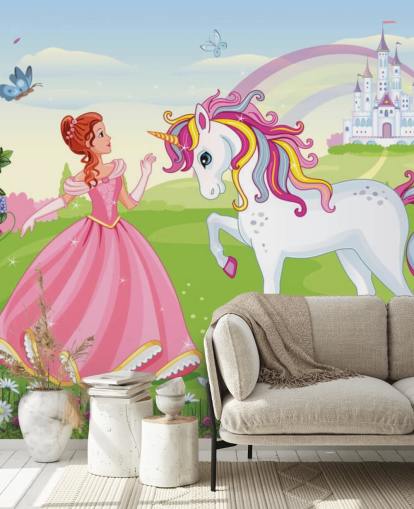 fairy tale background with castle and rainbow wallpaper