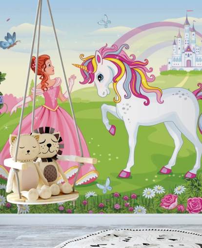 fairy tale background with castle and rainbow wallpaper