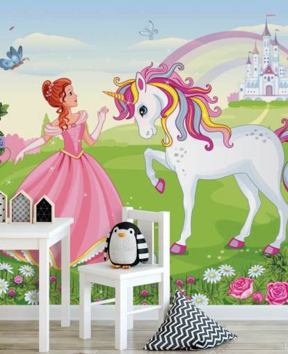 fairy tale background with castle and rainbow wallpaper
