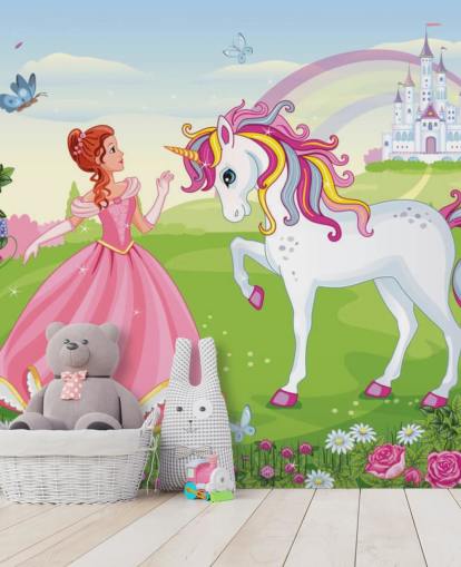 fondo de cuento de hadas con papel pintado de castillo y arcoíris