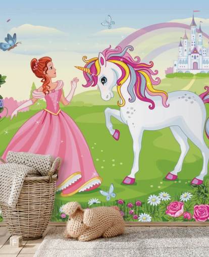 fundo de conto de fadas com papel de parede de castelo e arco-íris