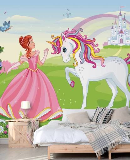 fairy tale background with castle and rainbow wallpaper