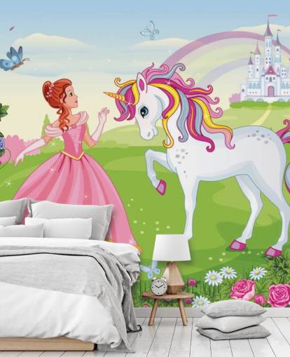 fairy tale background with castle and rainbow wallpaper