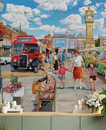 Murale « Un voyage dans les boutiques » de Trevor Mitchell Murale « Un voyage dans les boutiques » de Trevor Mitchell