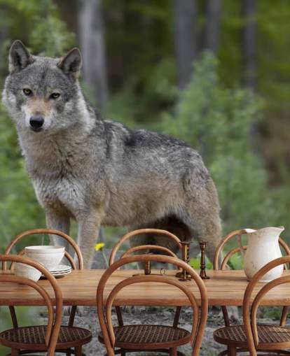 Grauer Wolf stand in einem Holz-Wandbild Grauer Wolf stand in einem Holz-Wandbild