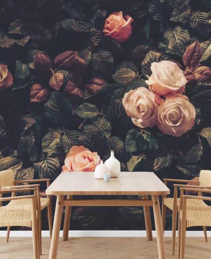 Pink Roses Against a Green Bush Wall Mural Pink Roses Against a Green Bush Wall Mural