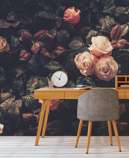 Pink Roses Against a Green Bush Wall Mural Pink Roses Against a Green Bush Wall Mural