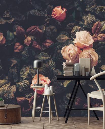 Papier Peint Fresque Roses contre un Buisson Vert Papier Peint Fresque Roses contre un Buisson Vert