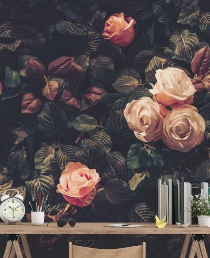 Papier Peint Fresque Roses contre un Buisson Vert Papier Peint Fresque Roses contre un Buisson Vert