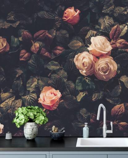 Rosa Rosen vor einem grünen Busch Fototapete