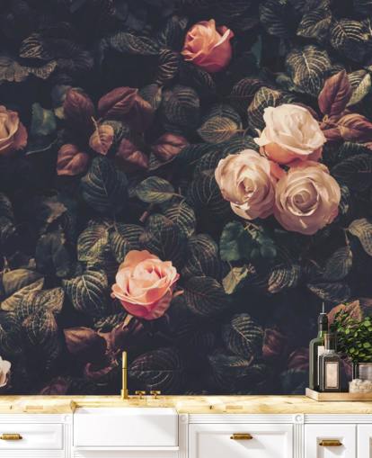 Pink Roses Against a Green Bush Wall Mural Pink Roses Against a Green Bush Wall Mural