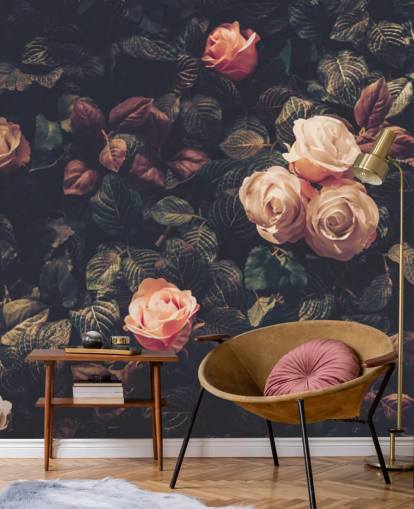 Papier Peint Fresque Roses contre un Buisson Vert