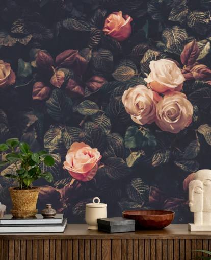 Pink Roses Against a Green Bush Wall Mural