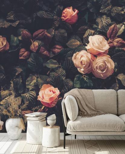 Papier Peint Fresque Roses contre un Buisson Vert