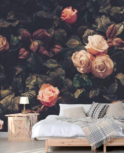 Pink Roses Against a Green Bush Wall Mural
