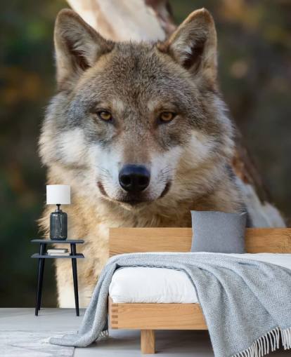 Lähikuva Grey Wolf -muotokuva seinämaalauksesta Lähikuva Grey Wolf -muotokuva seinämaalauksesta