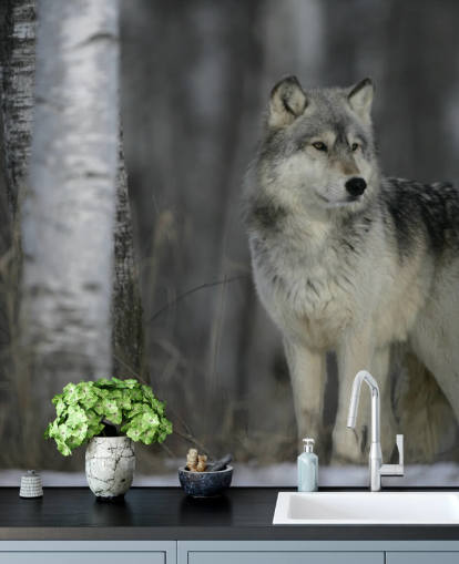 Grå varg i trä väggmålning