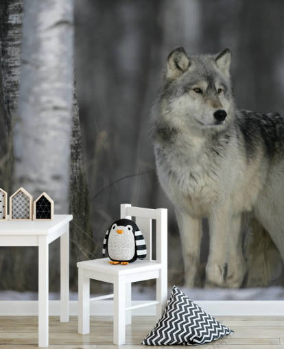 Grijze wolf in houten muurschildering