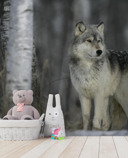 Grijze wolf in houten muurschildering