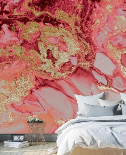 rosa och guld marmor tapetväggmålning kallad Blush Agate Marble av Lara Skinner för sovrum