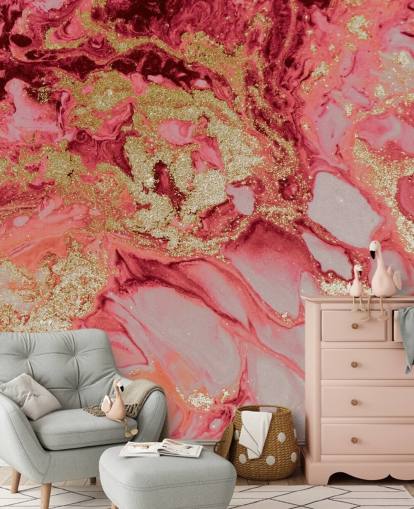 mural de papel de parede de mármore rosa e dourado chamado Blush Agate Marble de Lara Skinner para quartos