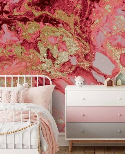 pink and gold marble wallpaper mural called Blush Agate Marble by Lara Skinner for bedrooms