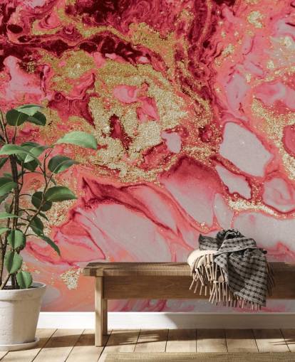 rosa och guld marmor tapetväggmålning kallad Blush Agate Marble av Lara Skinner för sovrum