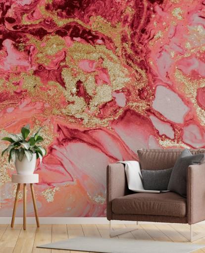 mural de papel pintado de mármol rosa y dorado llamado Blush Agate Marble de Lara Skinner para dormitorios