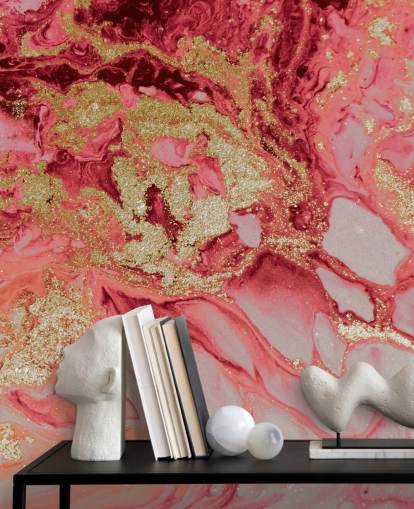 rosa och guld marmor tapetväggmålning kallad Blush Agate Marble av Lara Skinner för sovrum
