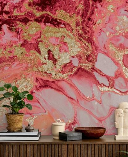 rosa och guld marmor tapetväggmålning kallad Blush Agate Marble av Lara Skinner för sovrum