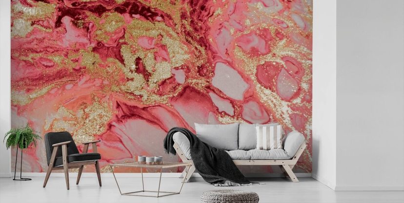 roze en gouden marmeren behangmuurschildering genaamd Blush Agate Marble van Lara Skinner voor slaapkamers roze en gouden marmeren behangmuurschildering genaamd Blush Agate Marble van Lara Skinner voor slaapkamers