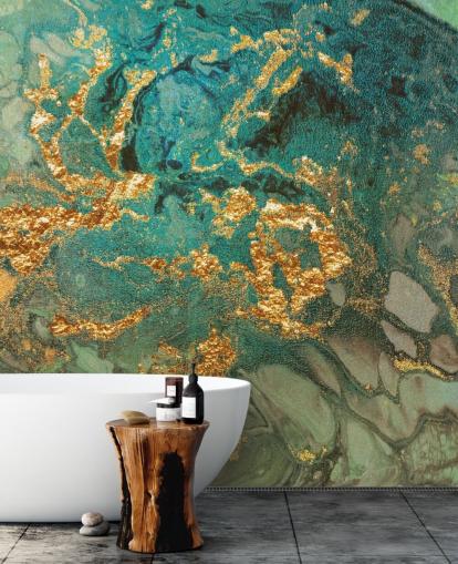 Wandbild aus grünem und goldenem, individuellem Marmor namens Emerald Marble von Lara Skinner für Wohnzimmer