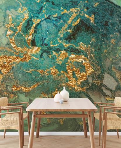 green and gold custom marble wallpaper mural called Emerald Marble by Lara Skinner for living rooms