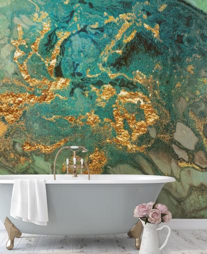 green and gold custom marble wallpaper mural called Emerald Marble by Lara Skinner for living rooms