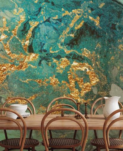 green and gold custom marble wallpaper mural called Emerald Marble by Lara Skinner for living rooms