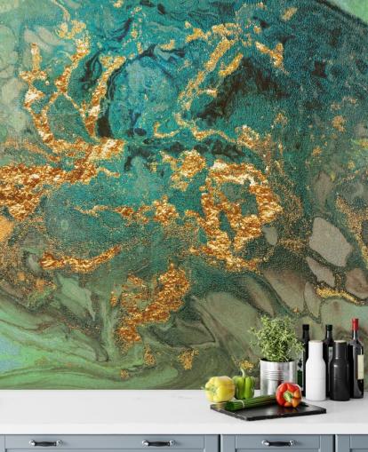 grön och guld anpassad marmor tapetväggmålning kallad Emerald Marble av Lara Skinner för vardagsrum grön och guld anpassad marmor tapetväggmålning kallad Emerald Marble av Lara Skinner för vardagsrum
